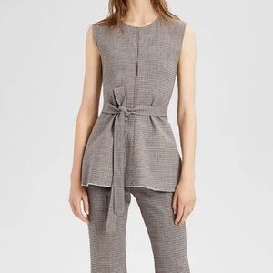 Theory Brown Wool Belted Peplum Waist Tie Top